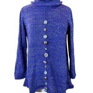 Soft Surroundings 3/4 Sleeve Navy Metallic Cowl Neck Button Front Sweater M/L